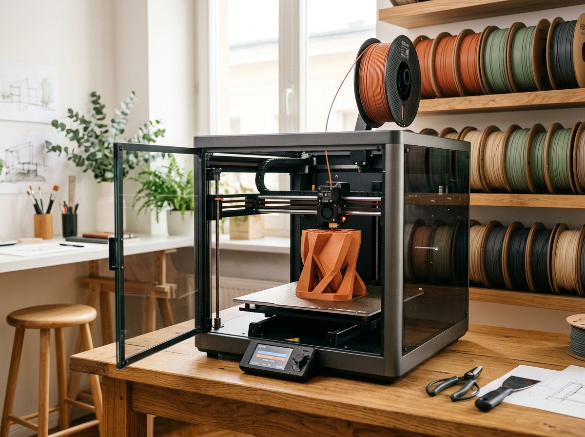 Alycia's Studio workshop with precision 3D printers and filament spools